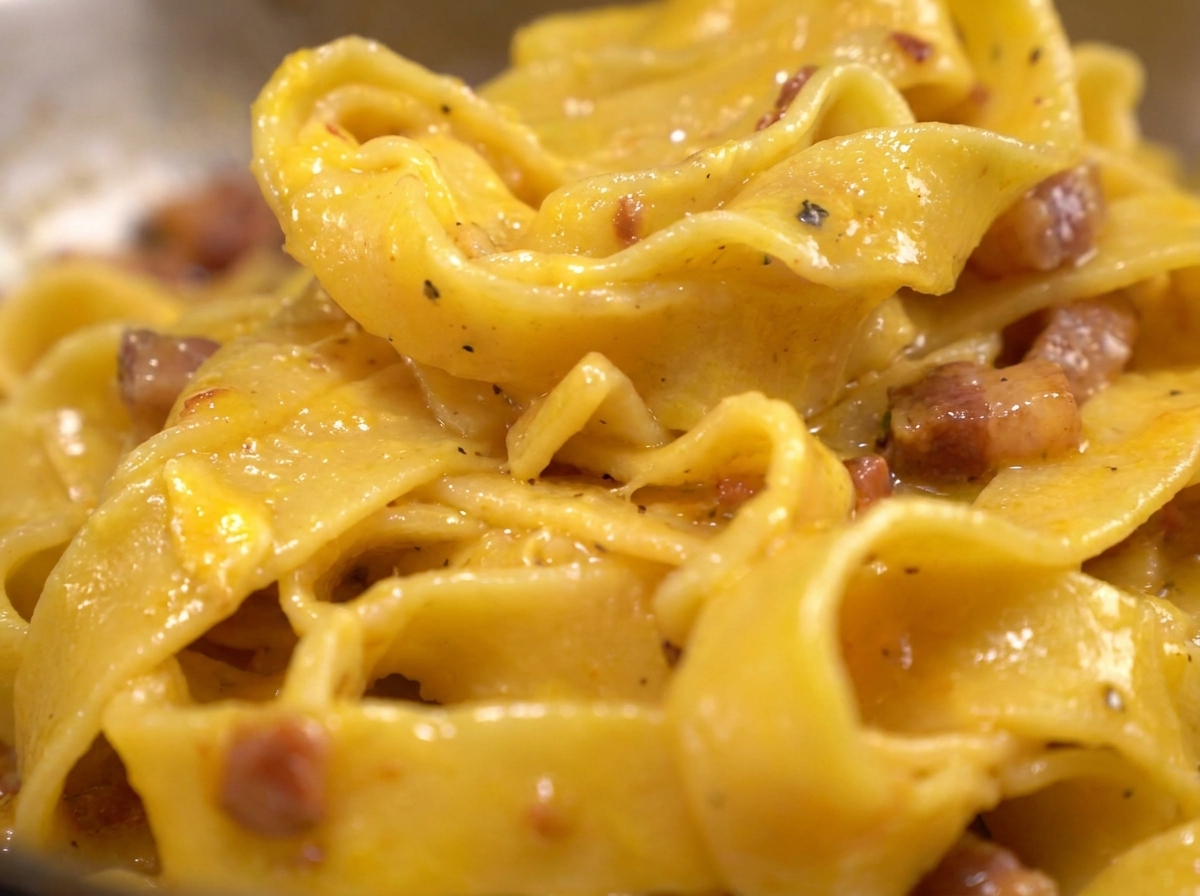 Gros plan sur des pâtes en rubans nappées dune sauce riche et dorée aux œufs et fromage, avec des morceaux de bacon et du poivre noir.