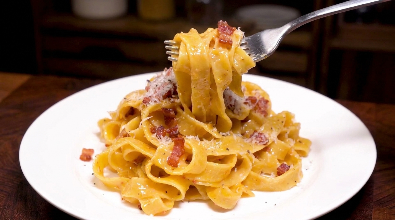 Fettuccine à la Carbonara : Sauce Crémeuse aux Œufs et Bacon Croustillant