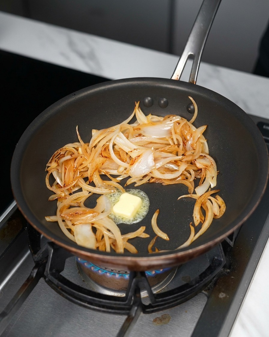 Oignons sautés dans une poêle antiadhésive avec un carré de beurre fondant au centre sur une flamme de cuisinière à gaz.