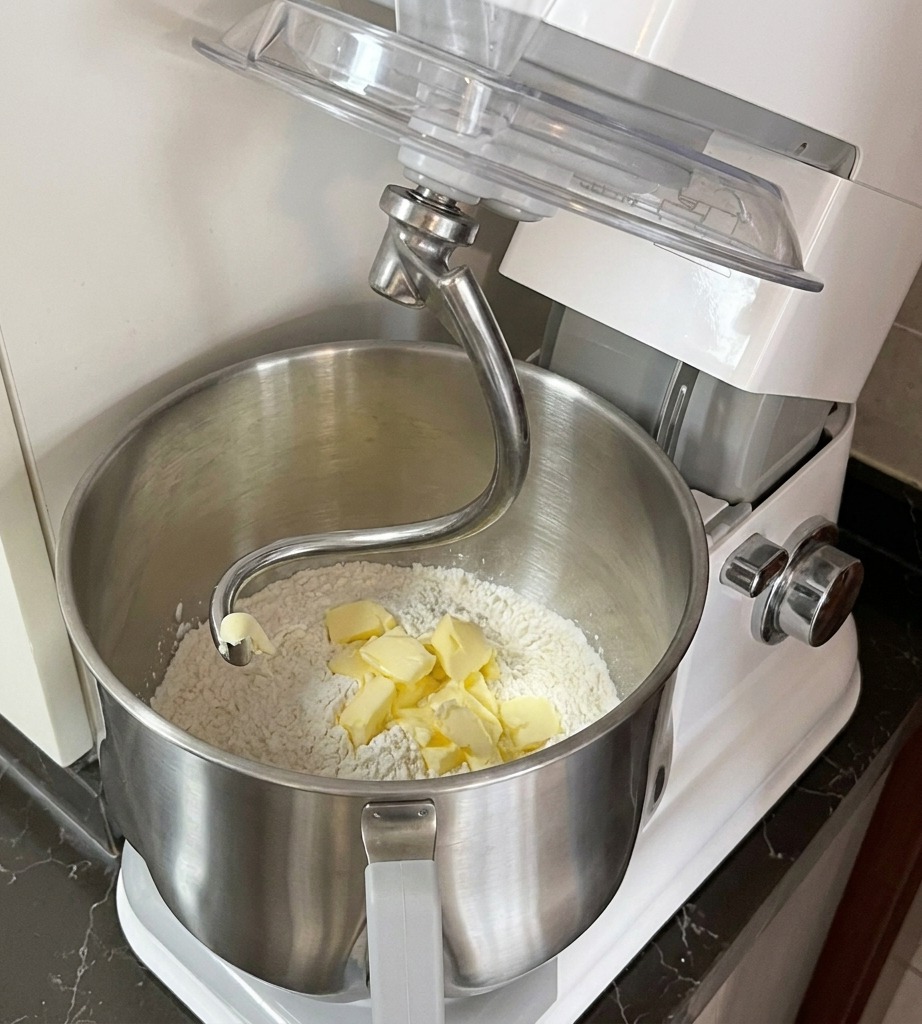 Cubes de beurre jaune déposés sur la pâte blanche à lintérieur de la cuve du robot pâtissier.