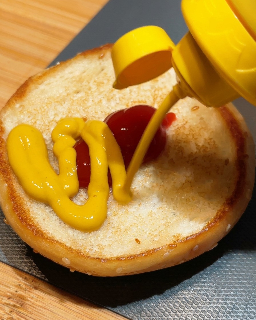 Moutarde jaune versée sur une touche de ketchup sur la base dun pain à burger au sésame.