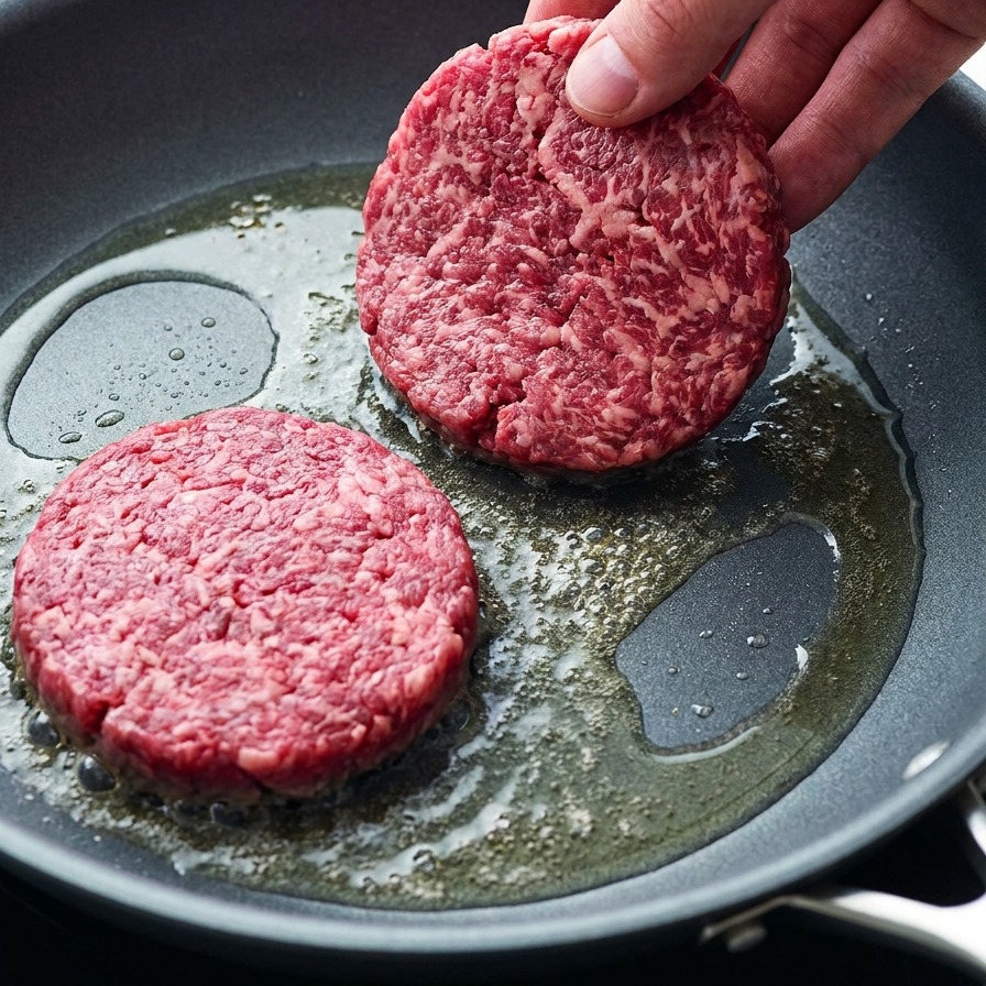 Mise en place de steaks de bœuf crus dans une poêle chaude avec du beurre fondu.