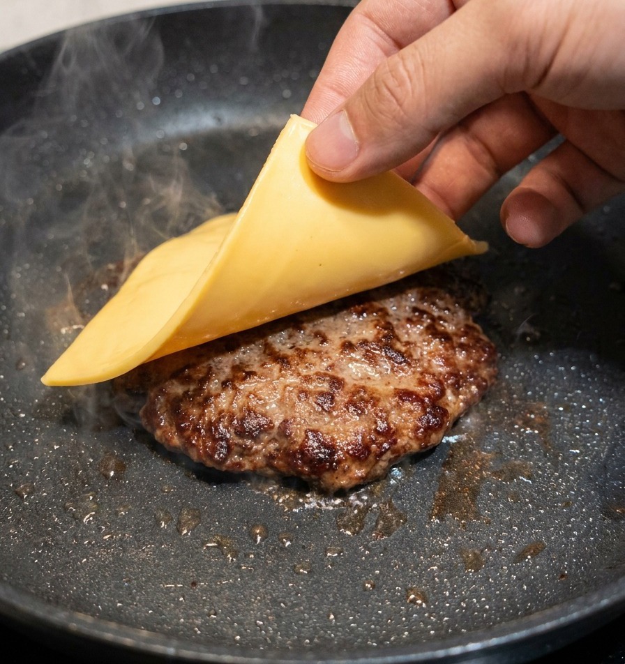 Pose dune tranche carrée de fromage jaune sur un steak de bœuf fumant dans une poêle.