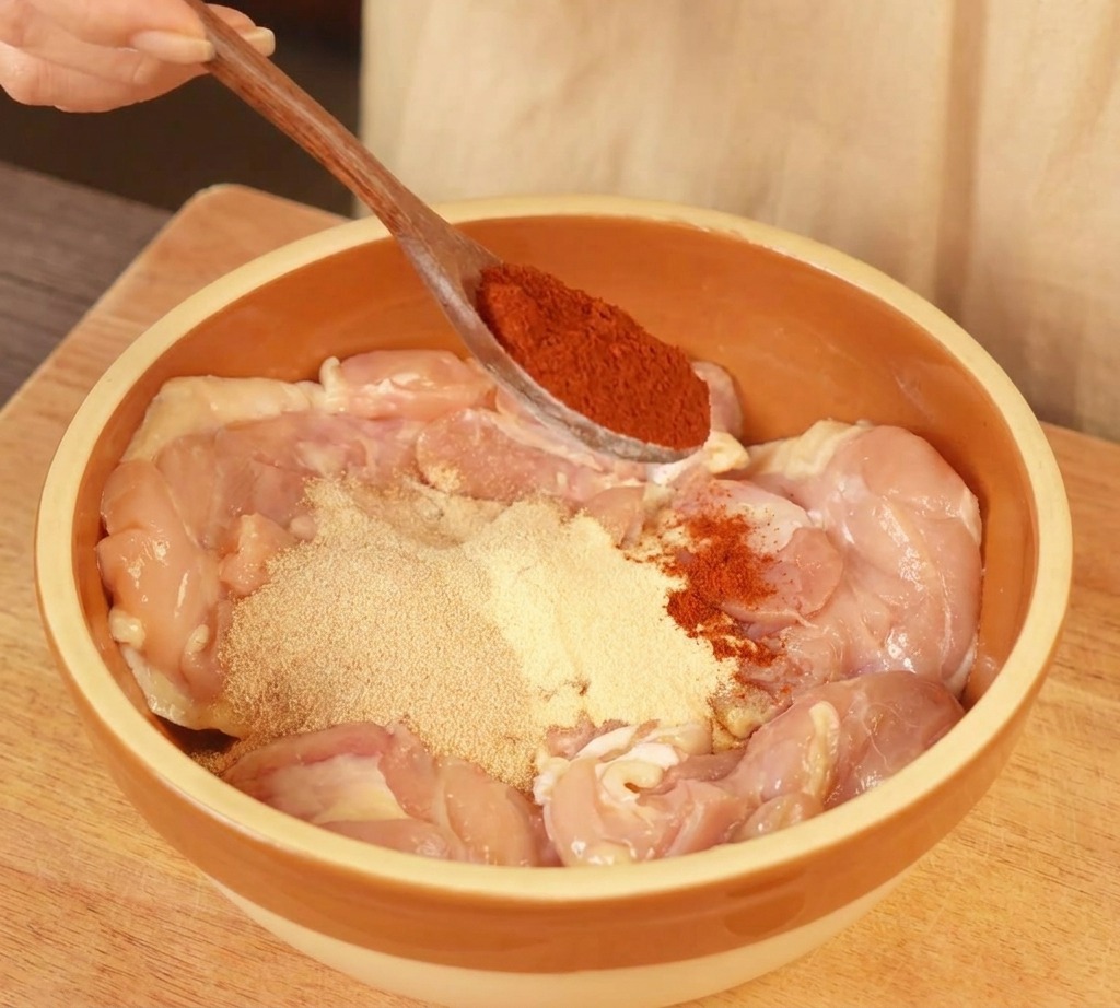 Hauts de cuisses de poulet crus dans un bol en céramique, assaisonnés avec du paprika rouge vif et de la poudre dail et doignon.