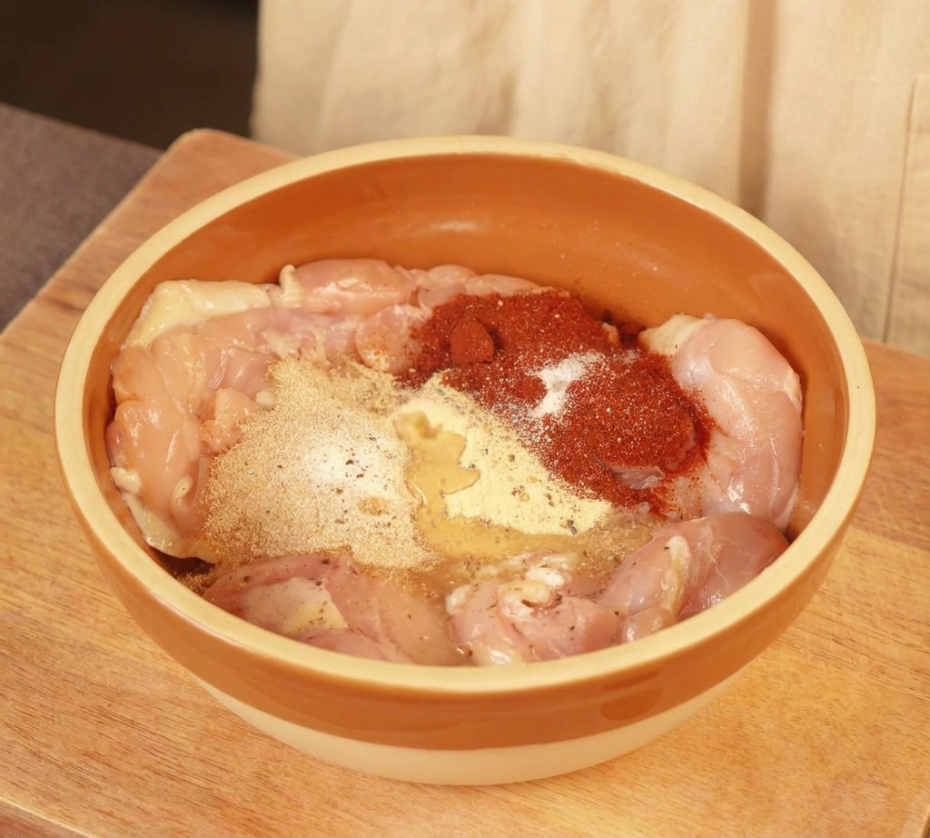 Lait frais versé sur des hauts de cuisses de poulet assaisonnés dans un bol, se mélangeant aux épices rouges et beiges.