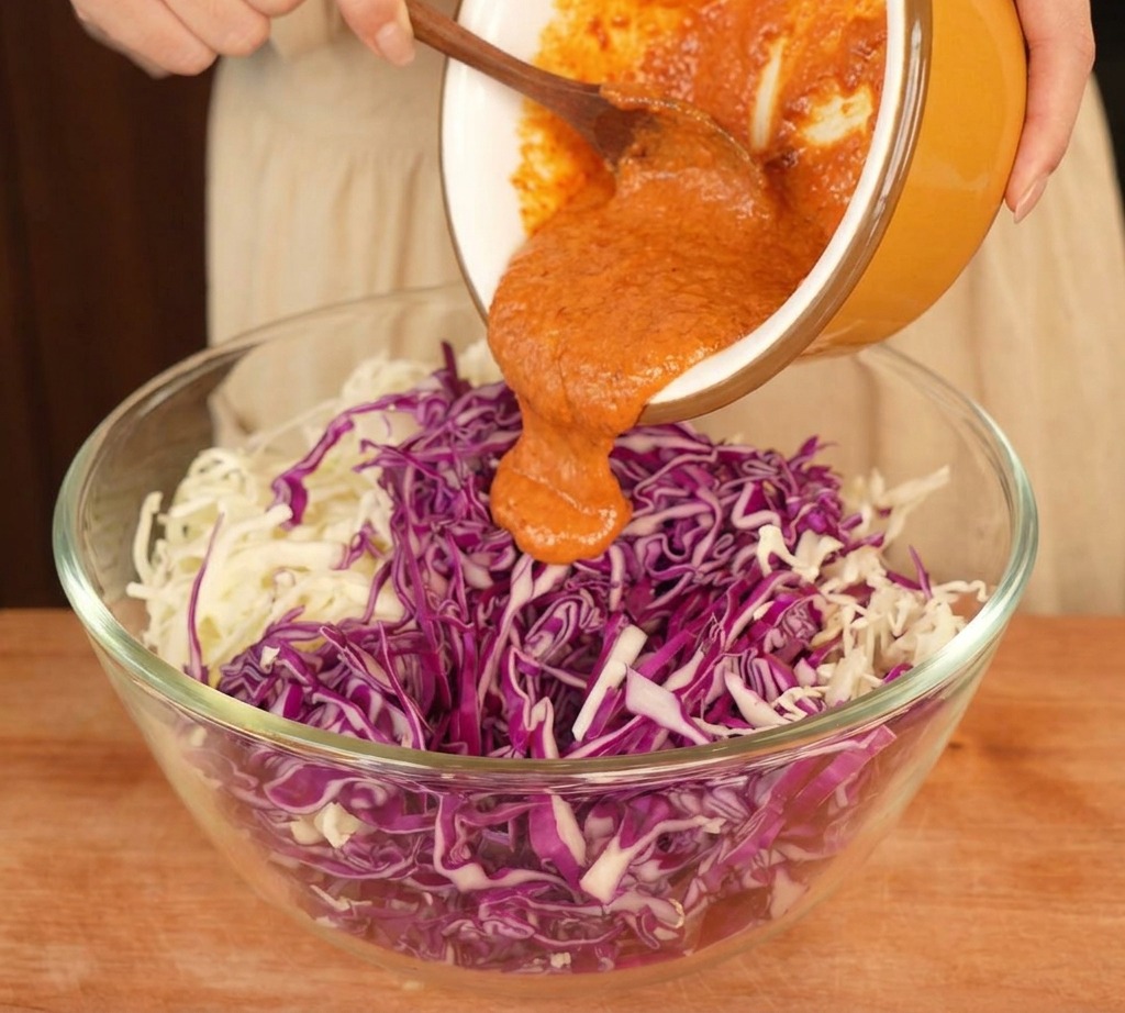 Sauce orangée versée dun petit bol sur un grand saladier en verre rempli de chou rouge et blanc râpé.