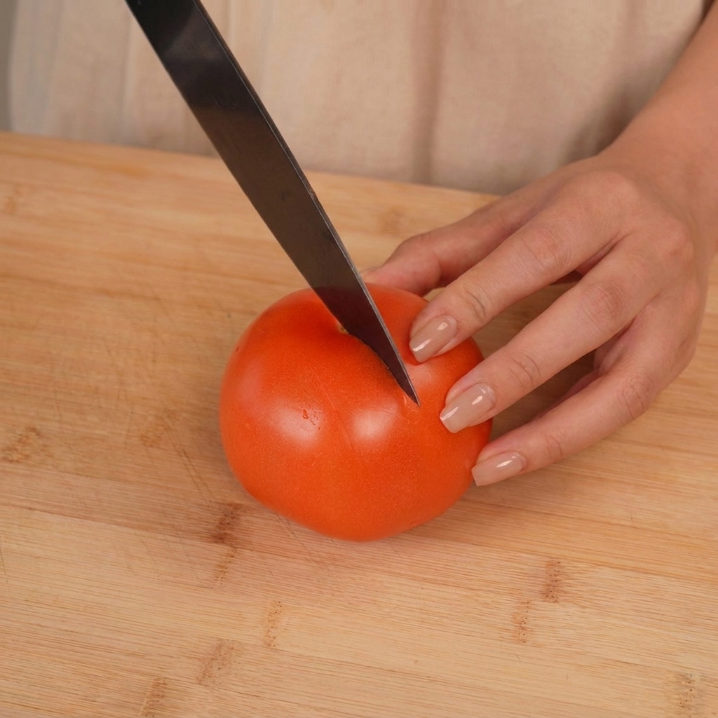 Gros plan dune main utilisant un couteau de cuisine pour inciser une croix sur la peau dune tomate rouge sur une planche à découper.