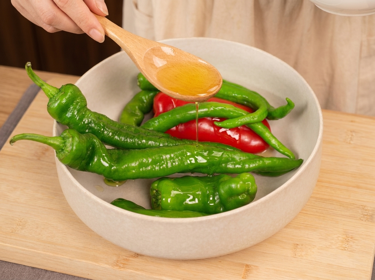 Une cuillère en bois versant de lhuile dorée sur plusieurs longs piments verts et un piment rouge dans un bol en céramique blanc.