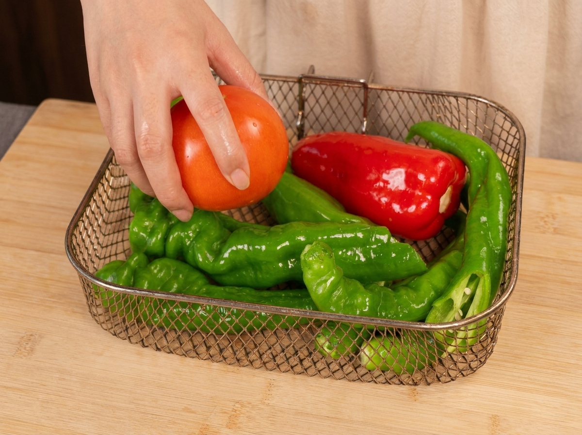 Une main déposant une tomate entière dans le panier dun air fryer contenant déjà des piments verts et rouges.