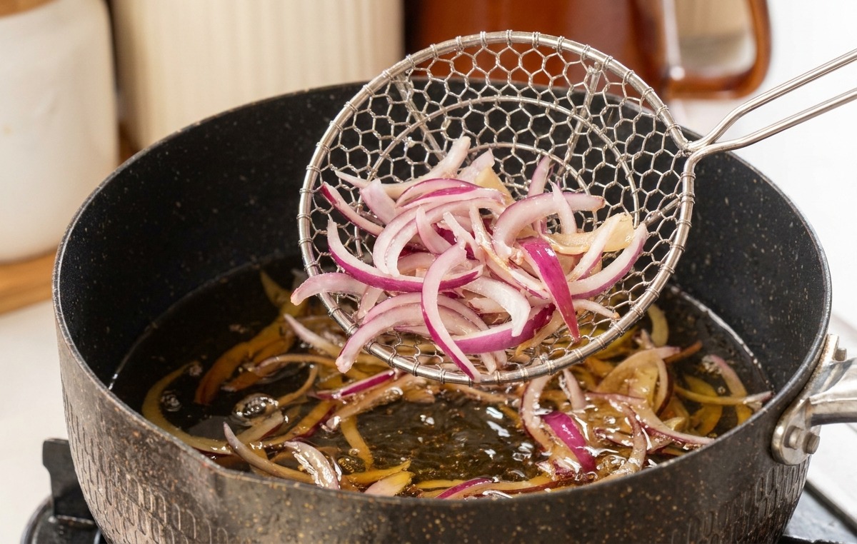 Fines tranches doignon rouge plongées dans une casserole dhuile chaude miroitante avec une écumoire métallique.