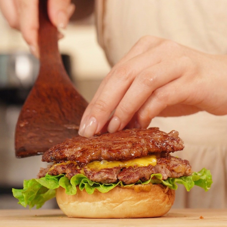 Une personne empilant plusieurs steaks de bœuf avec du fromage fondu sur un pain brioché avec de la laitue.