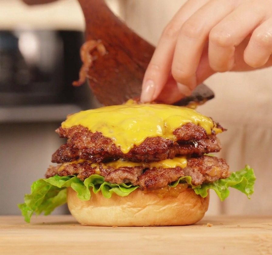 Une personne utilisant une spatule en bois pour assembler un double cheeseburger, appliquant une couche de sauce aux poivrons texturée sur le fromage fondu.