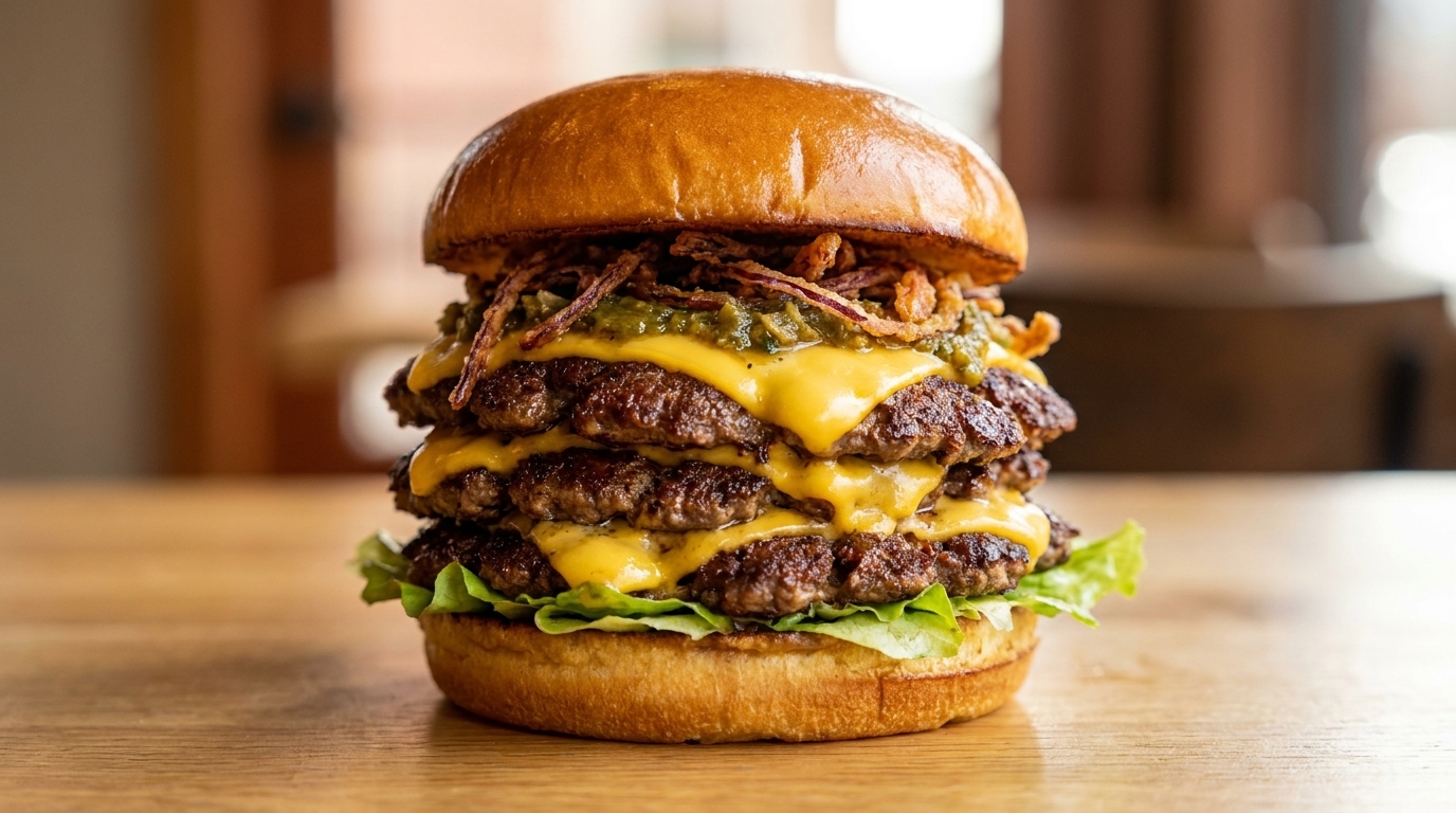 Triple Smash Burger, Sauce aux Poivrons Grillés et Oignons Croustillants