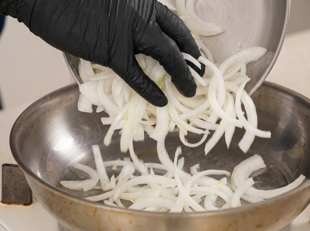 Oignons blancs émincés versés dun bol en métal dans une poêle en inox préchauffée.