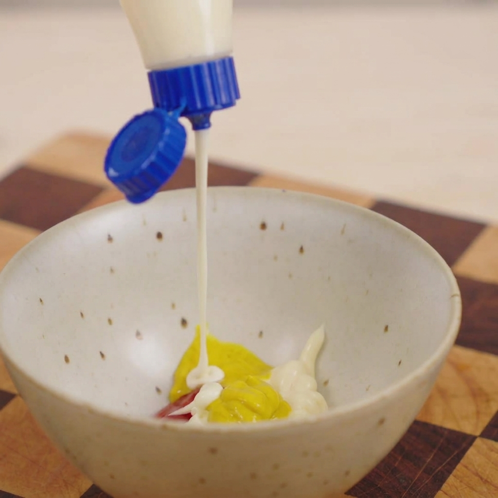 Sauce onctueuse versée sur de la moutarde jaune et du ketchup dans un petit bol en céramique.