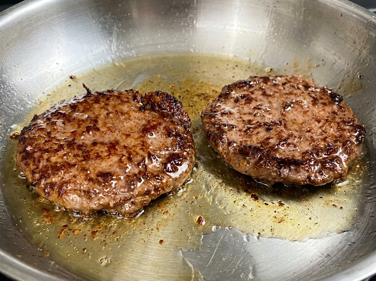 Deux épais steaks de Wagyu saisis dans une poêle, montrant une croûte caramélisée brun foncé sur le dessus.