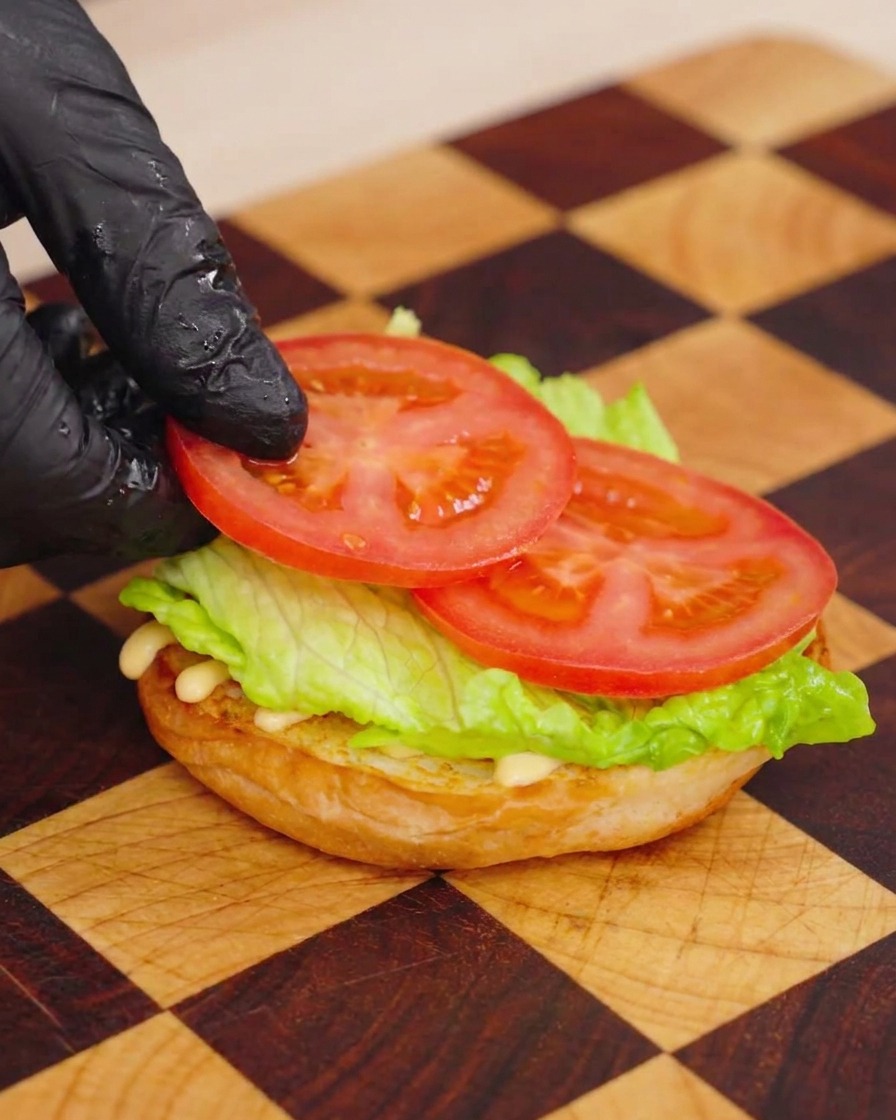 Main gantée posant une tranche de tomate sur une feuille de laitue au-dessus dun pain burger toasté.