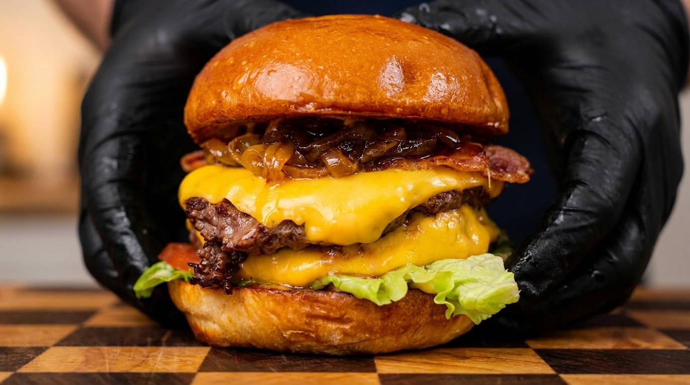 Double Burger Gourmet au Bœuf Wagyu et Oignons Caramélisés Fondants