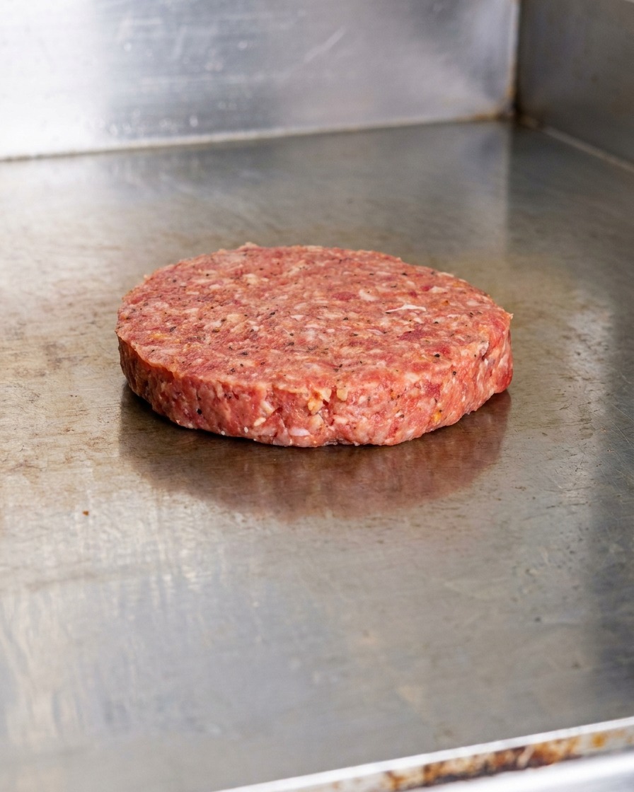 Un steak de bœuf haché assaisonné sur une plaque de cuisson en inox bien chaude.