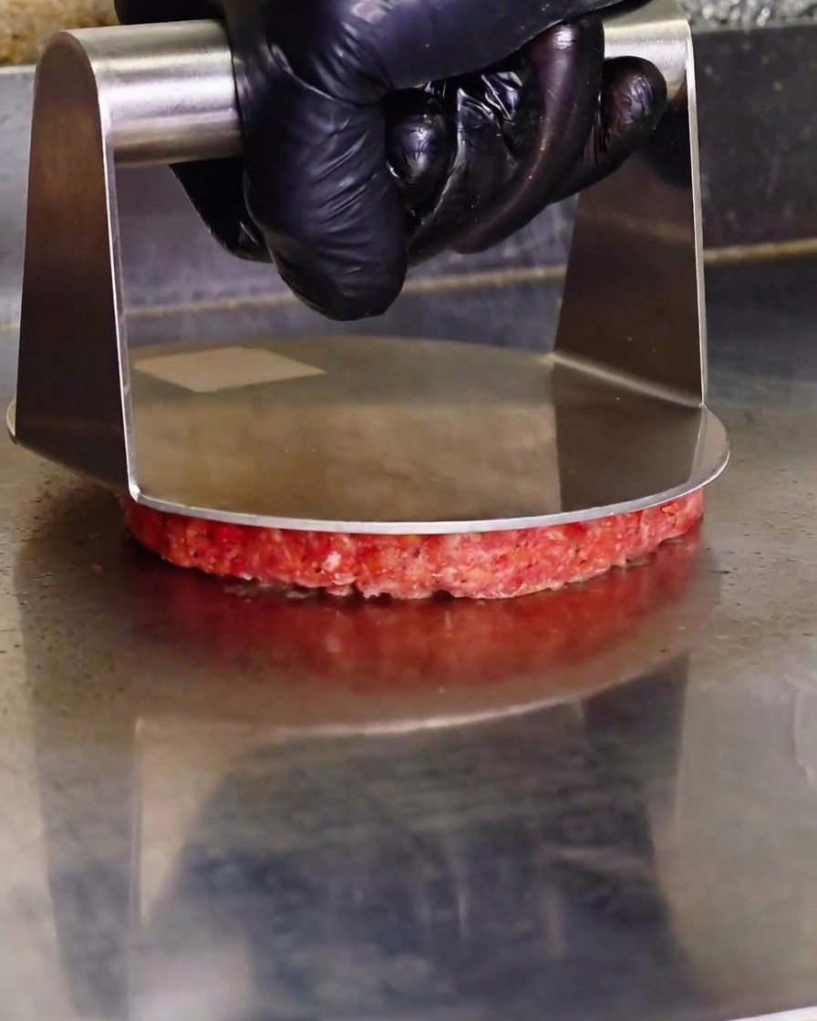 Une personne utilisant une presse à burger en métal pour aplatir un steak sur une plaque.
