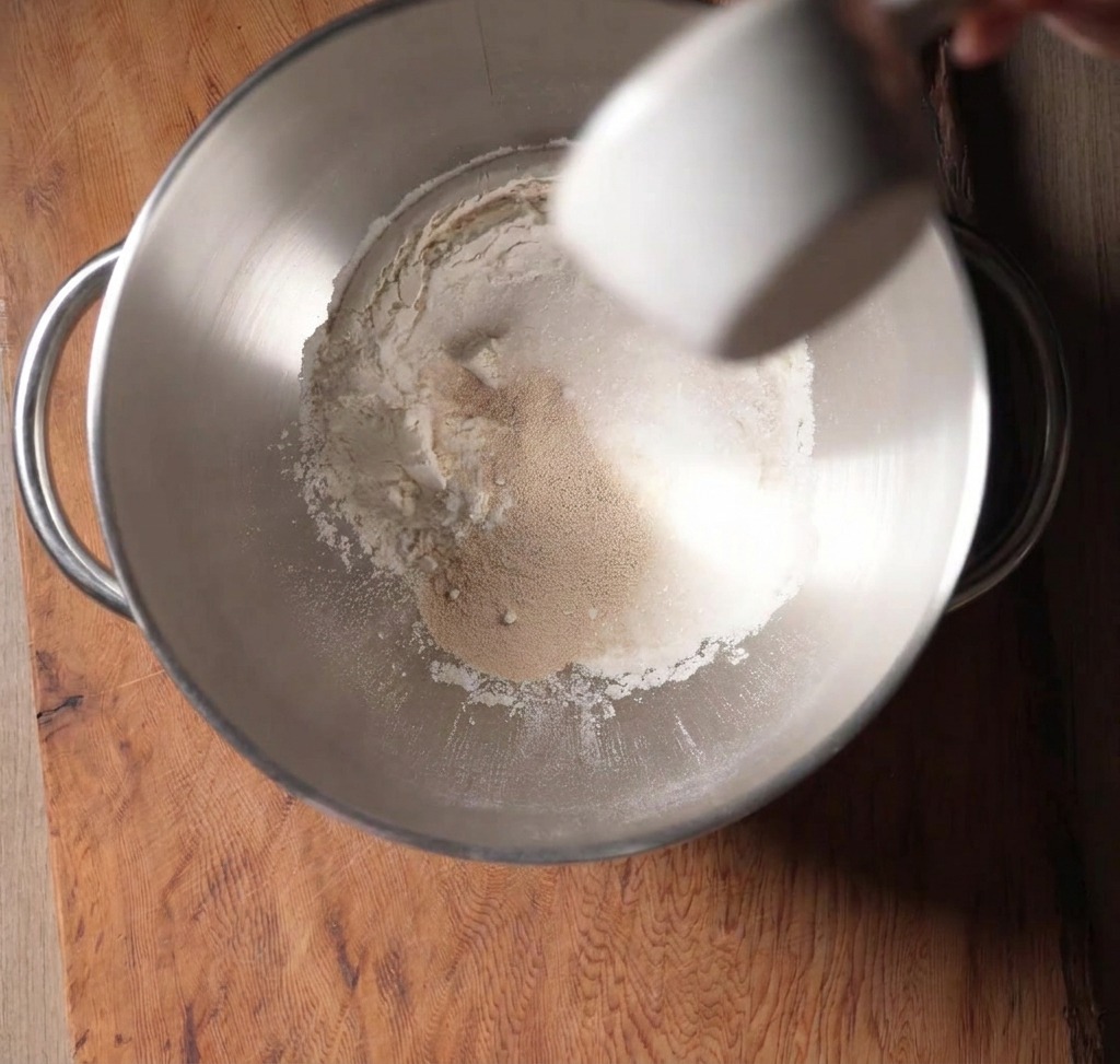 Œufs battus versés dune tasse blanche dans la cuve du robot contenant la farine et la levure.