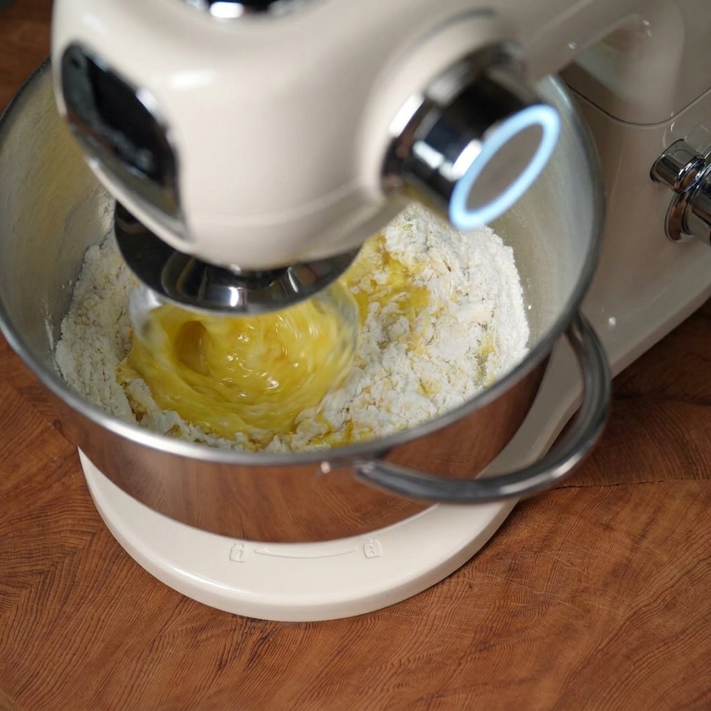 Robot pâtissier crème pétrissant une pâte jaune pâle avec le crochet dans une cuve en inox.