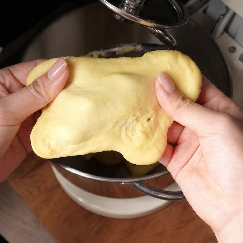 Gros plan de mains étirant un morceau de pâte crue montrant une texture rugueuse qui se déchire facilement.