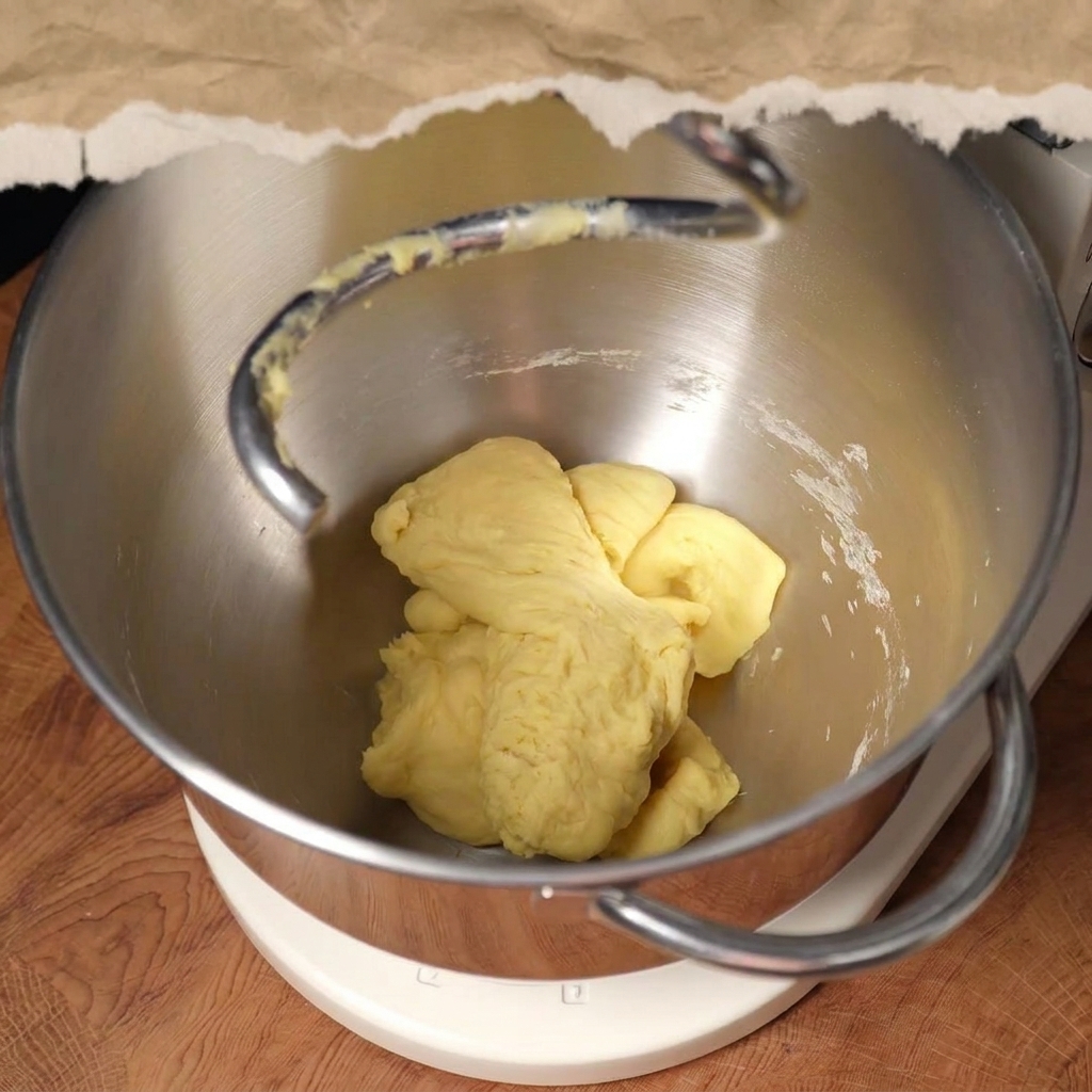 Morceaux de beurre mou et pincée de sel posés sur une boule de pâte partiellement pétrie dans la cuve.