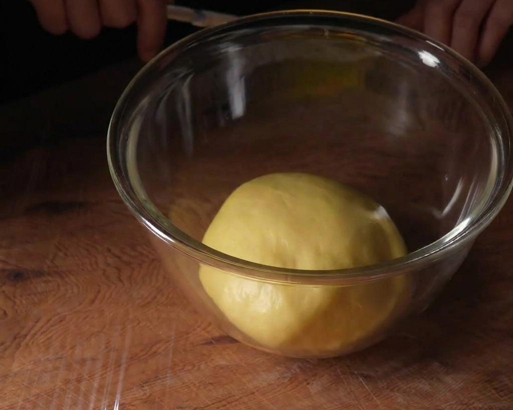 Boule de pâte à brioche lisse reposant au centre dun grand saladier en verre sur un plan de travail en bois.