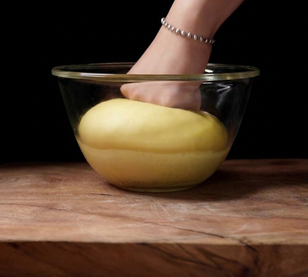 Main enfonçant le poing dans une boule de pâte fermentée pour en expulser lair.