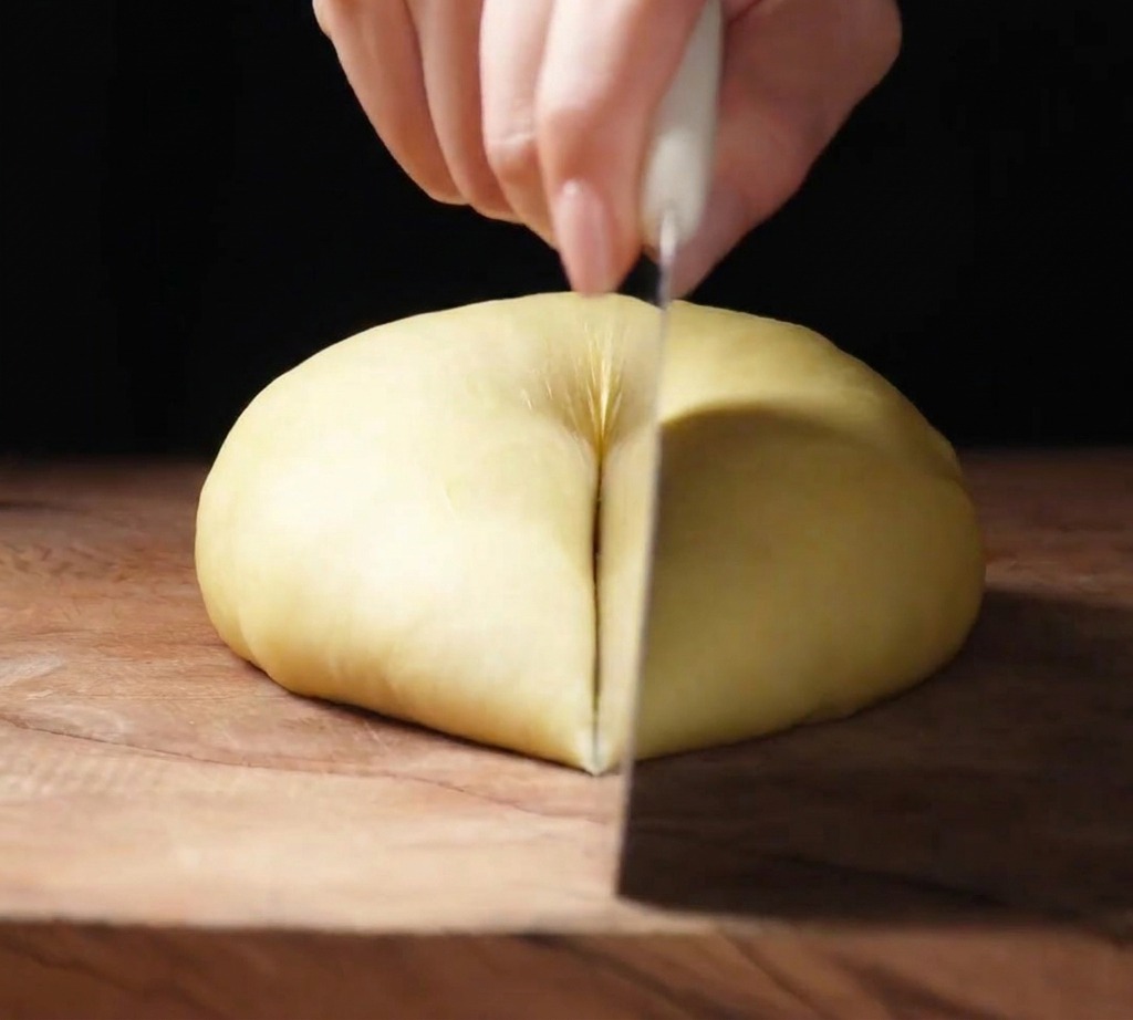 Couteau tranchant coupant une boule de pâte à brioche sur un plan de travail en bois.