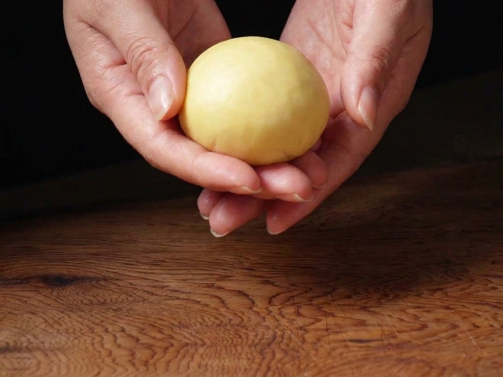 Mains façonnant délicatement une petite boule de pâte lisse sur un plan de travail.