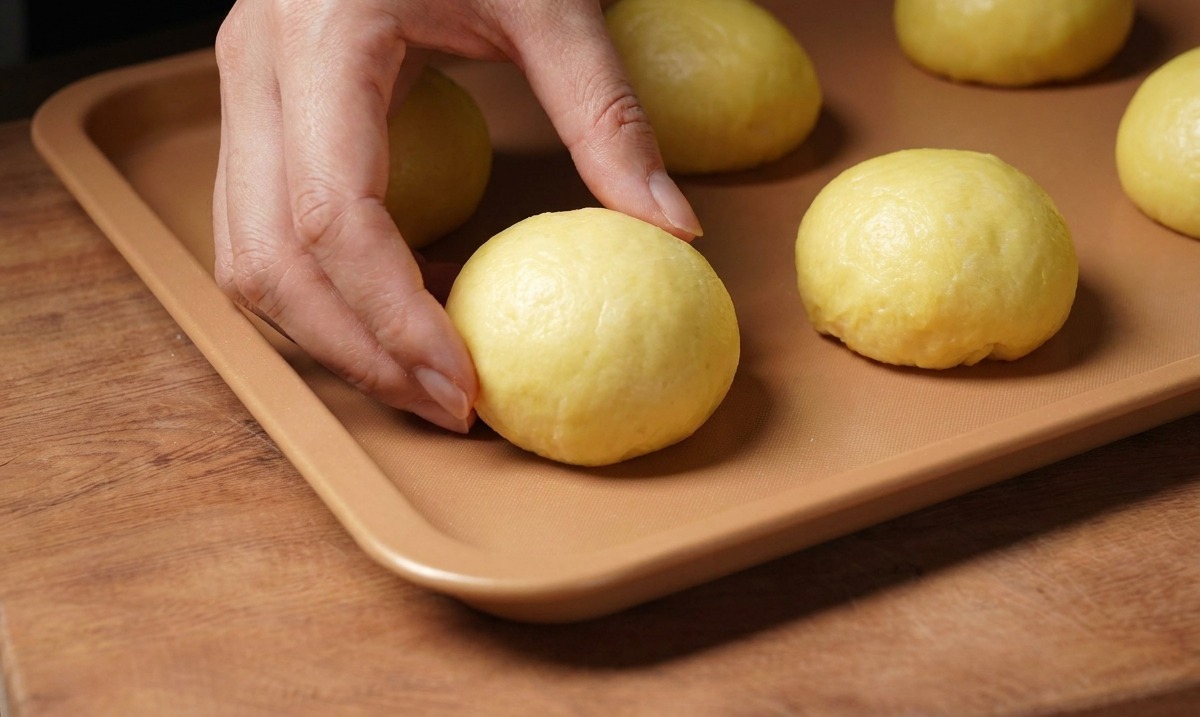 Main déposant un pâton sur une plaque de cuisson dorée à côté dautres buns préparés.