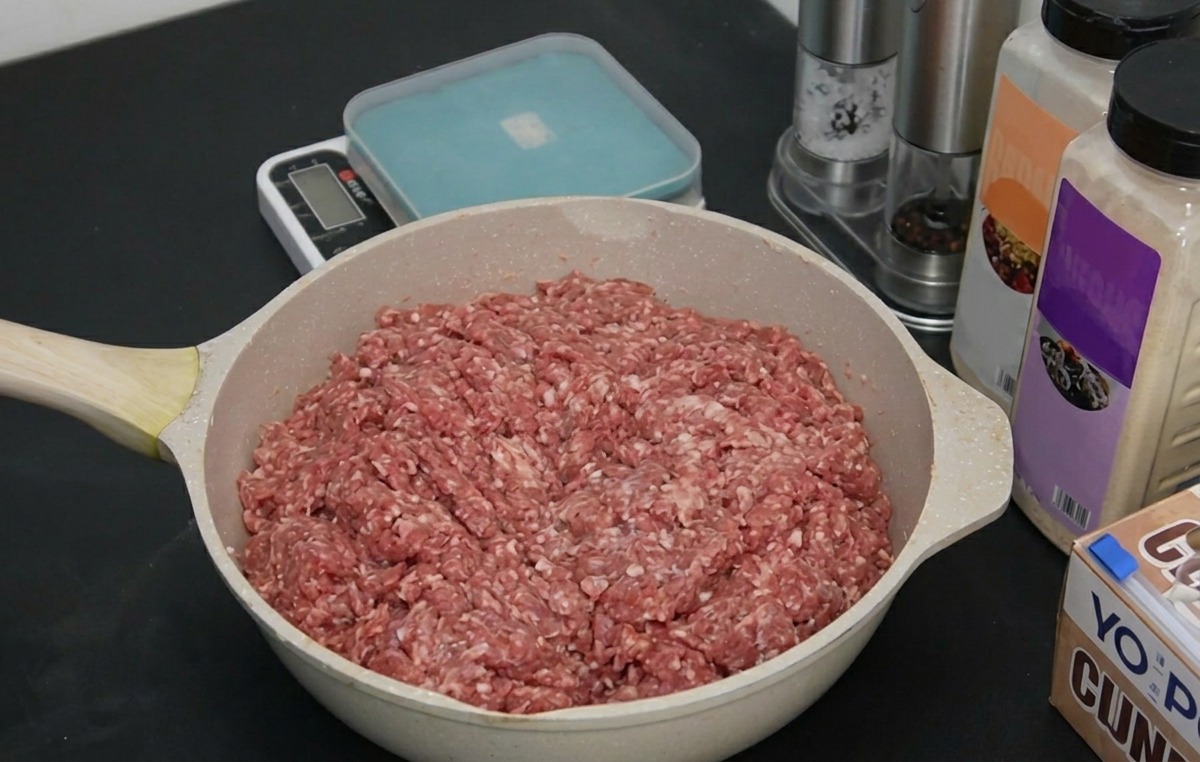 Un grand plat de bœuf haché cru sur un plan de travail de cuisine sombre, à côté de pots dépices et dune balance.
