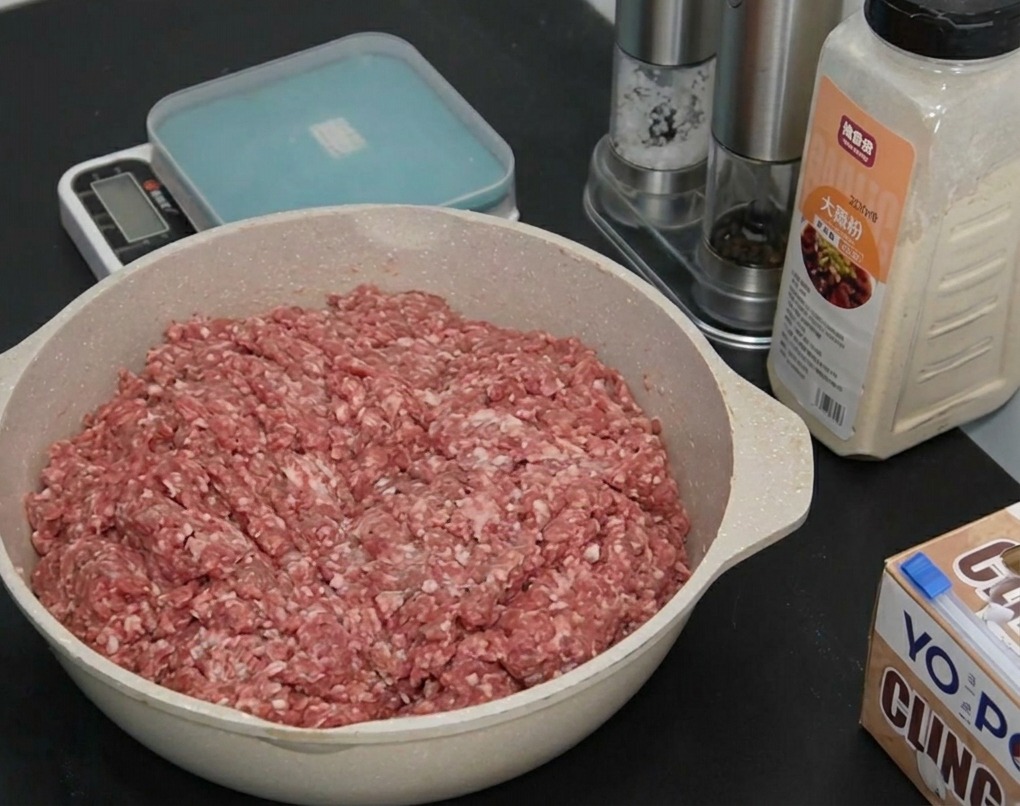 Bœuf haché cru étalé dans un plat en céramique avec des pots dépices et une balance de cuisine en arrière-plan.