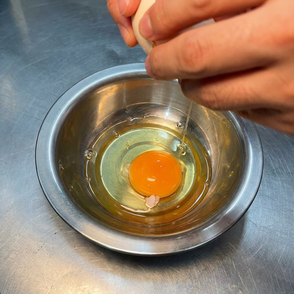 Mains cassant un œuf cru dans un bol en inox contenant déjà un jaune dœuf.