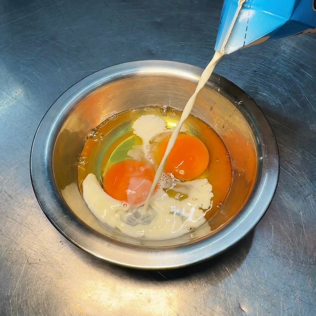 Lait versé dune brique bleue dans un bol en inox contenant des œufs crus.