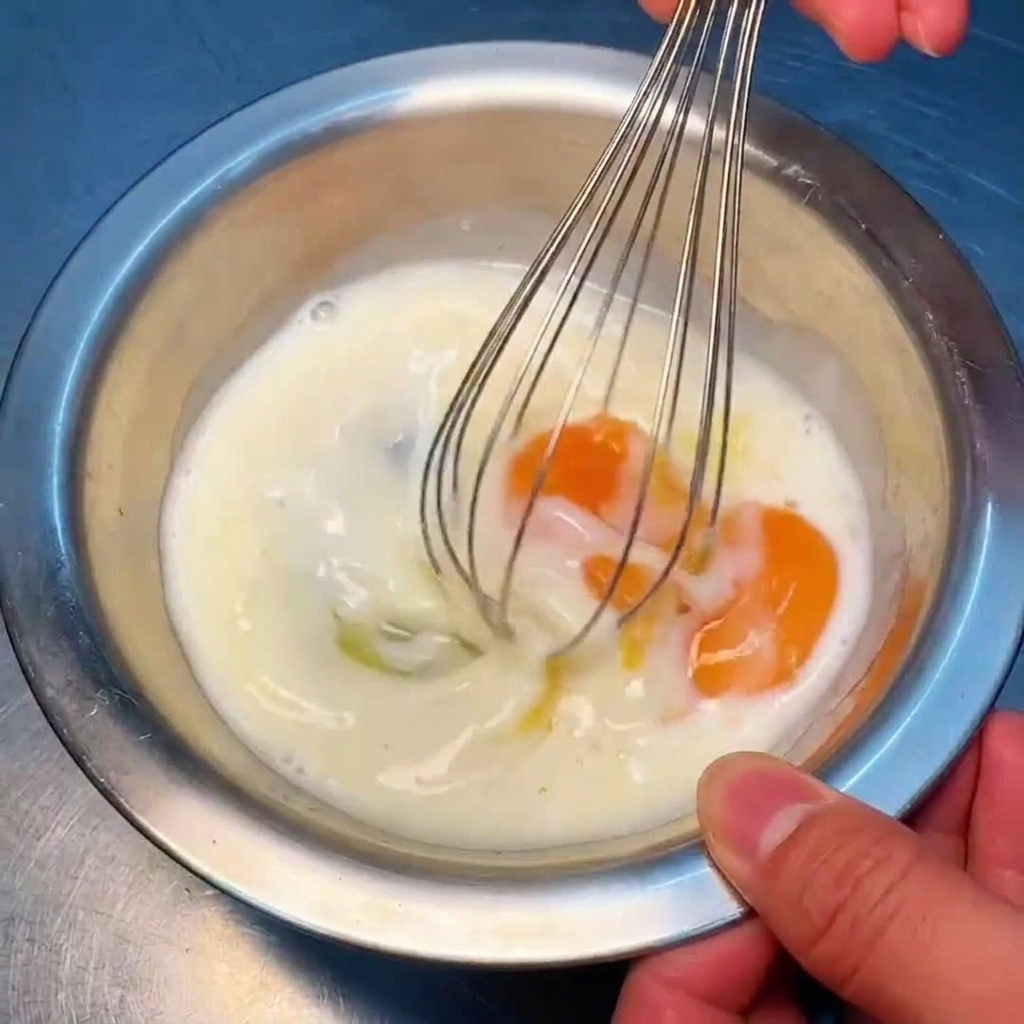 Main utilisant un fouet métallique pour battre énergiquement le mélange dœufs et de lait dans un bol.