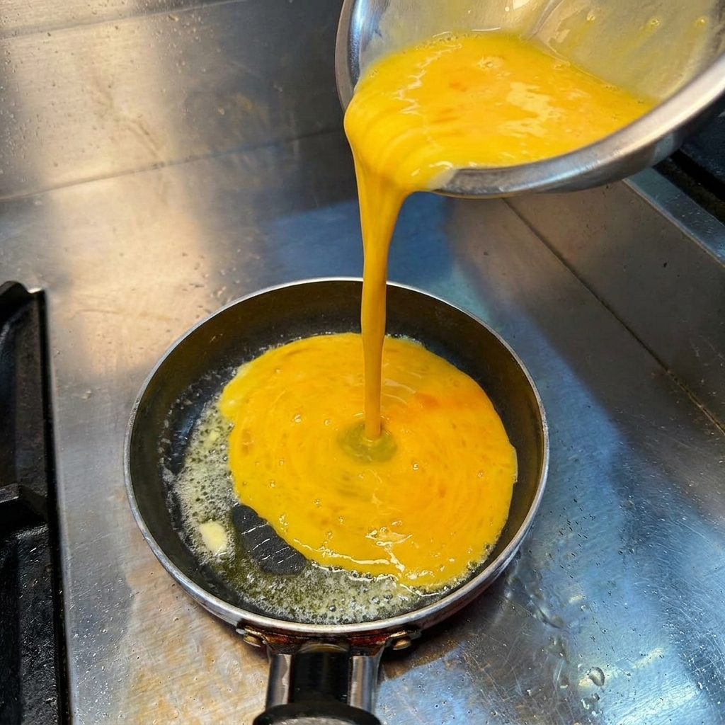 Mélange dœufs jaune vif versé dun bol en inox dans une petite poêle chaude avec du beurre fondu.