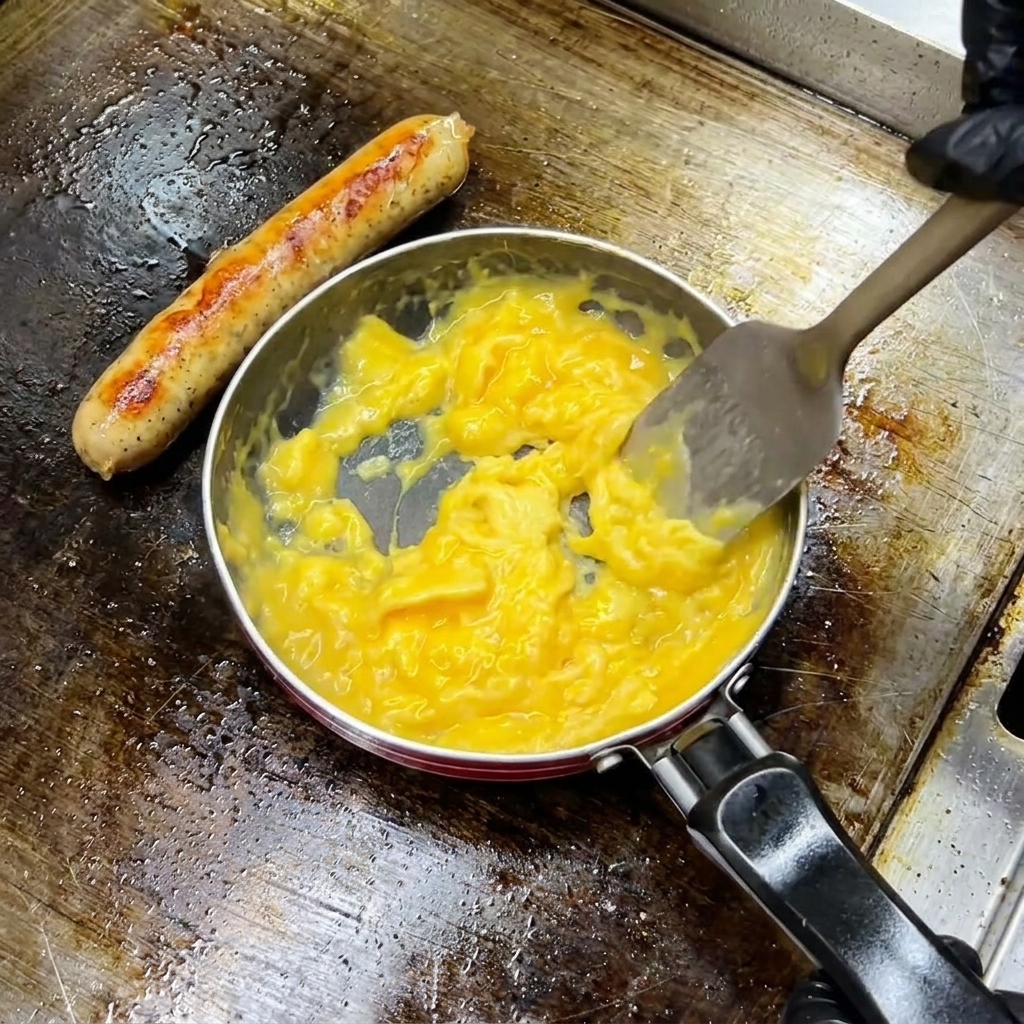 Main gantée utilisant une spatule pour ramener et plier les œufs partiellement cuits dans une petite poêle.