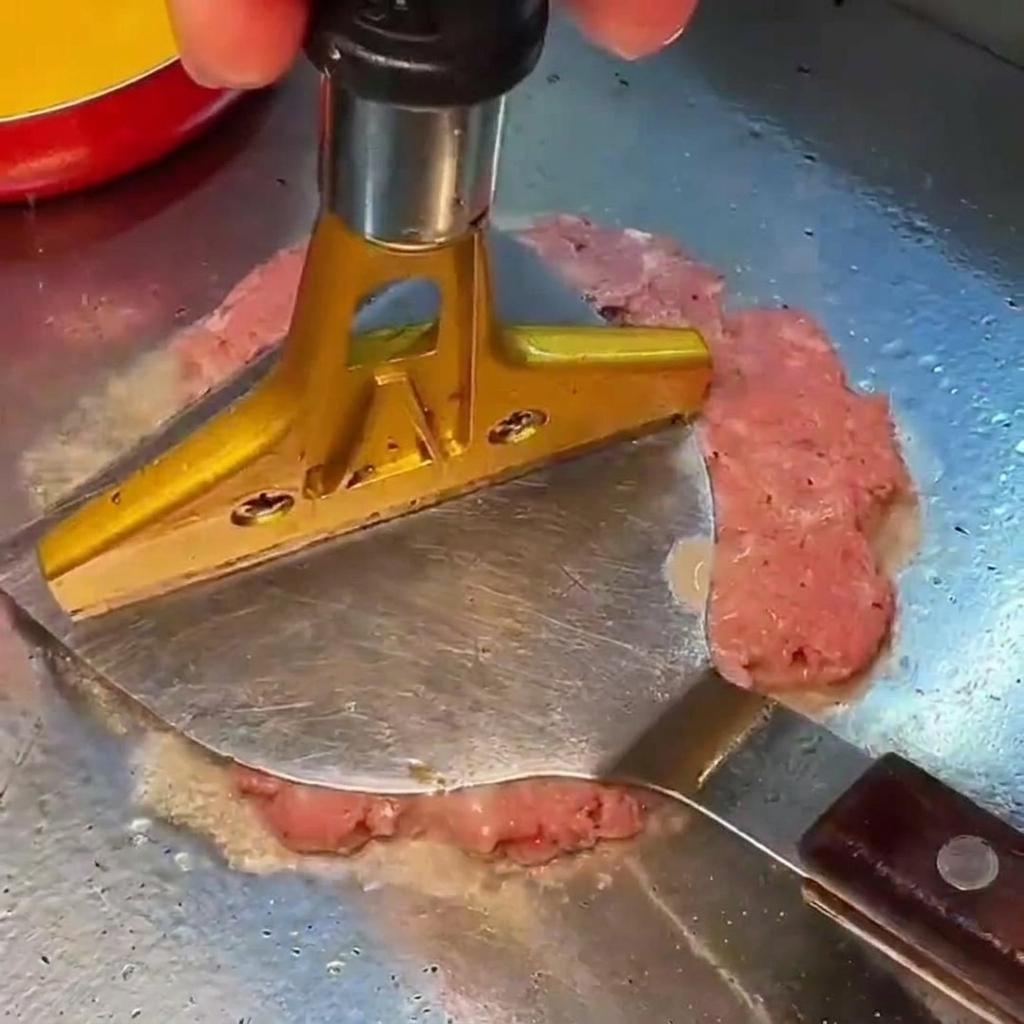 Presse plate dorée écrasant fermement une portion de bœuf haché sur une plaque de cuisson chaude.
