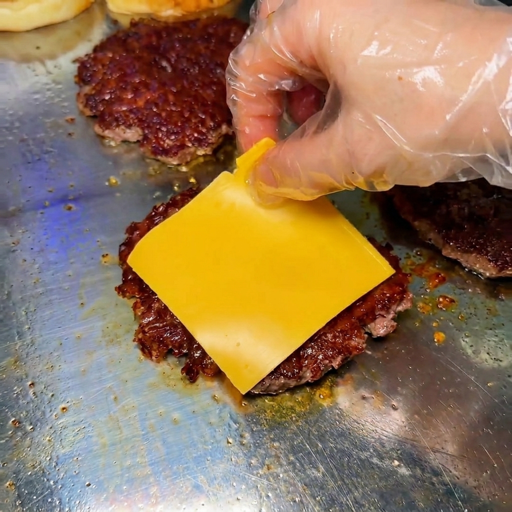 Main gantée déposant une tranche carrée de fromage jaune sur un steak de bœuf cuit sur le grill.