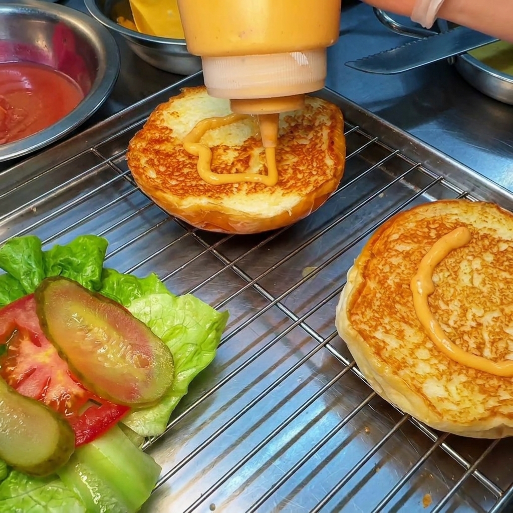 Sauce burger orange versée dune bouteille sur des moitiés de pains grillés posées sur une grille.