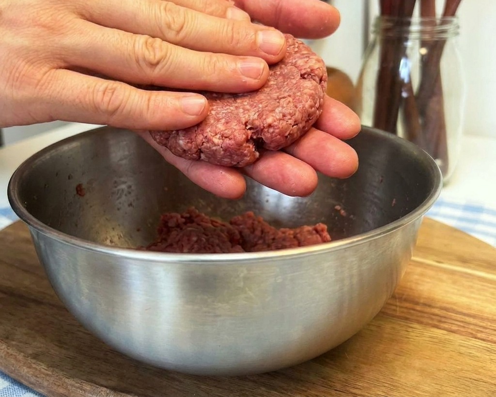 Gros plan de mains pressant une boule de bœuf pour former un steak rond et plat au-dessus dun bol.