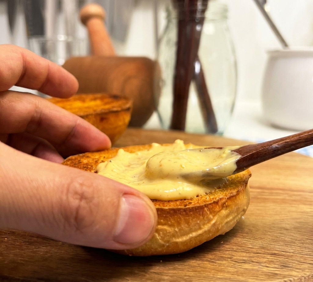 Une main tenant un pain toasté pendant quune cuillère étale une sauce épaisse et crémeuse.