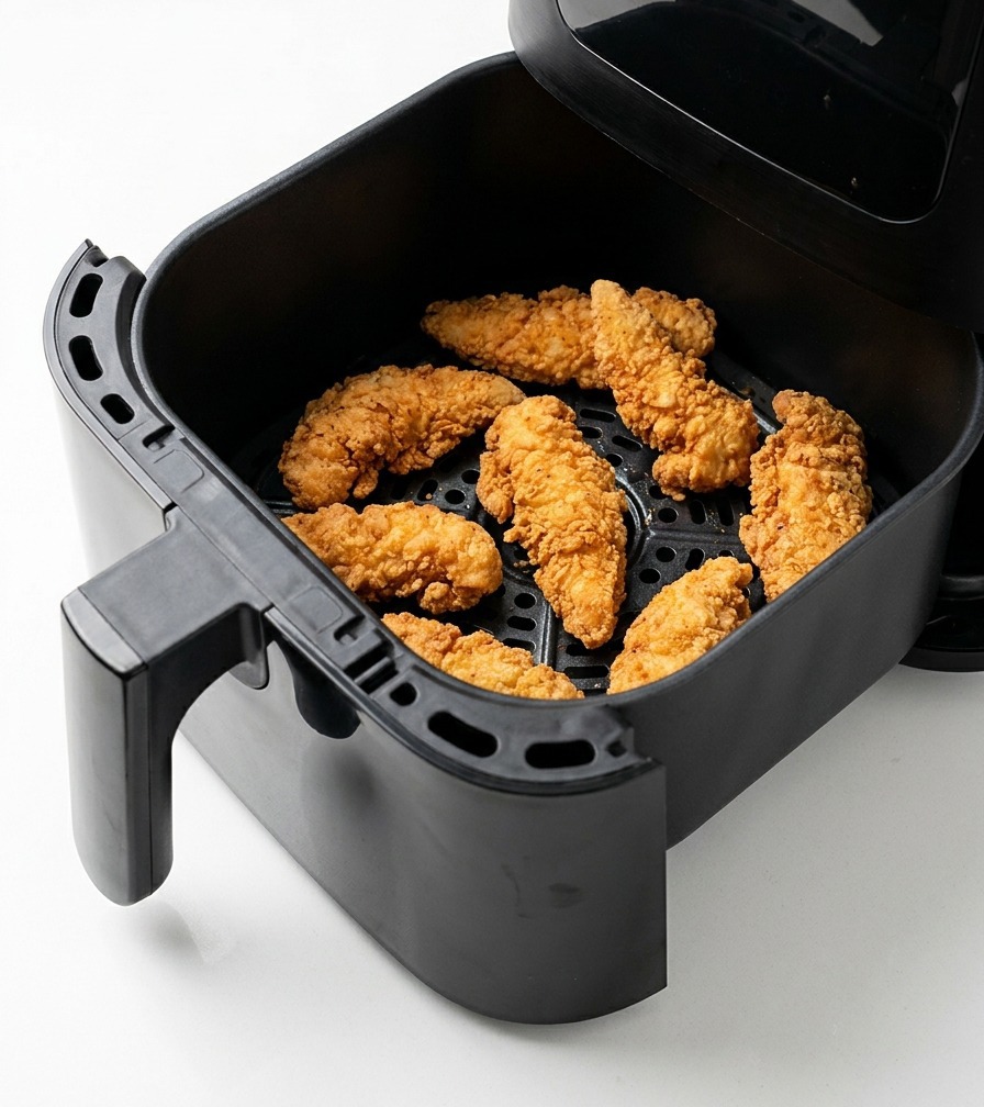 Morceaux de poulet frit bien dorés reposant dans le panier noir dun air fryer sur un plan de travail blanc.