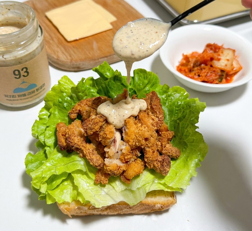 Une cuillère versant une sauce crémeuse mouchetée sur des morceaux de poulet frit croustillants sur un lit de laitue.