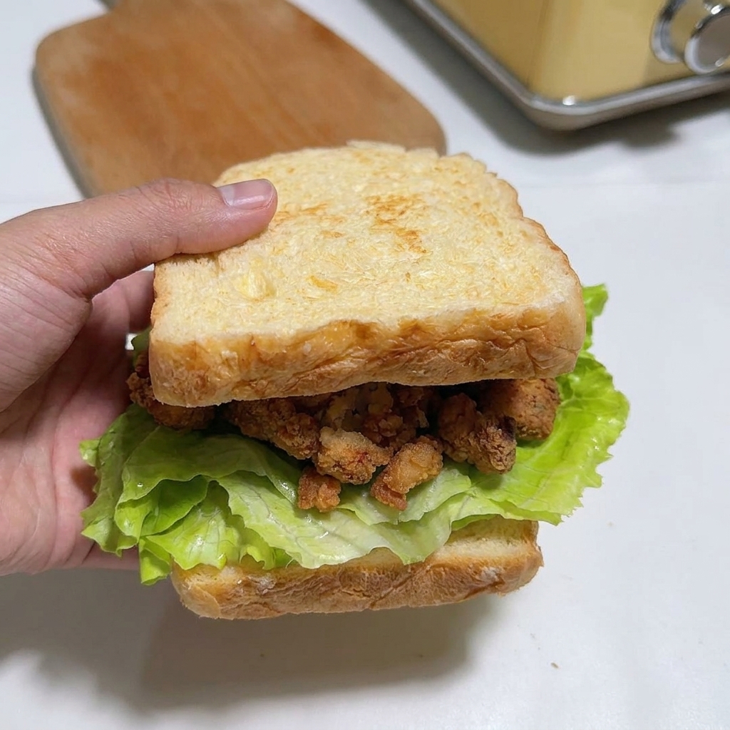 Une main tenant un sandwich épais, posant la dernière tranche de pain grillé sur les couches de poulet, fromage et kimchi.