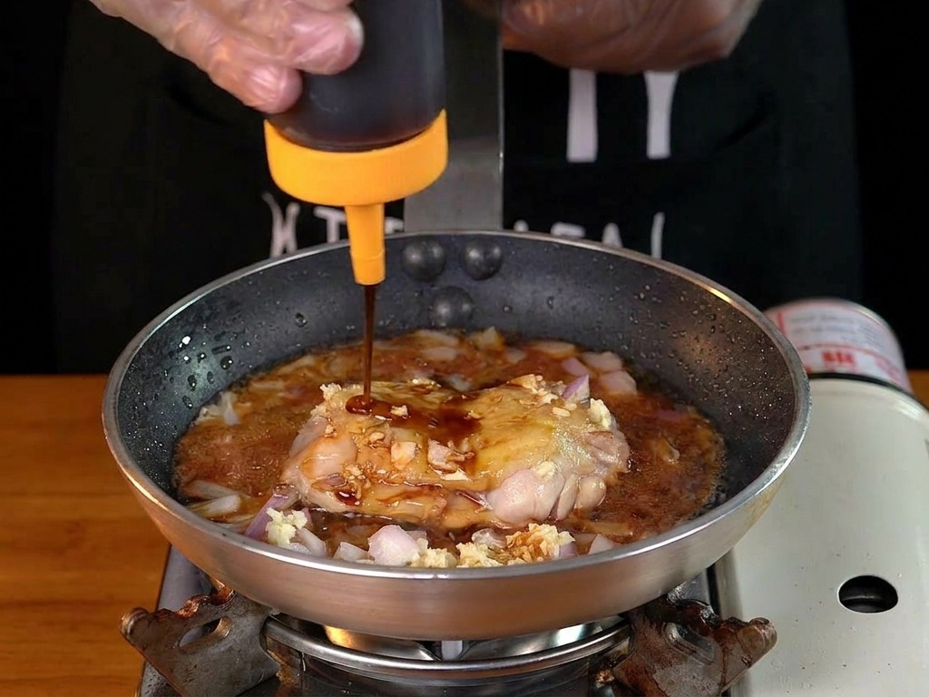 Sauce brune versée sur le poulet entouré doignons et dail.