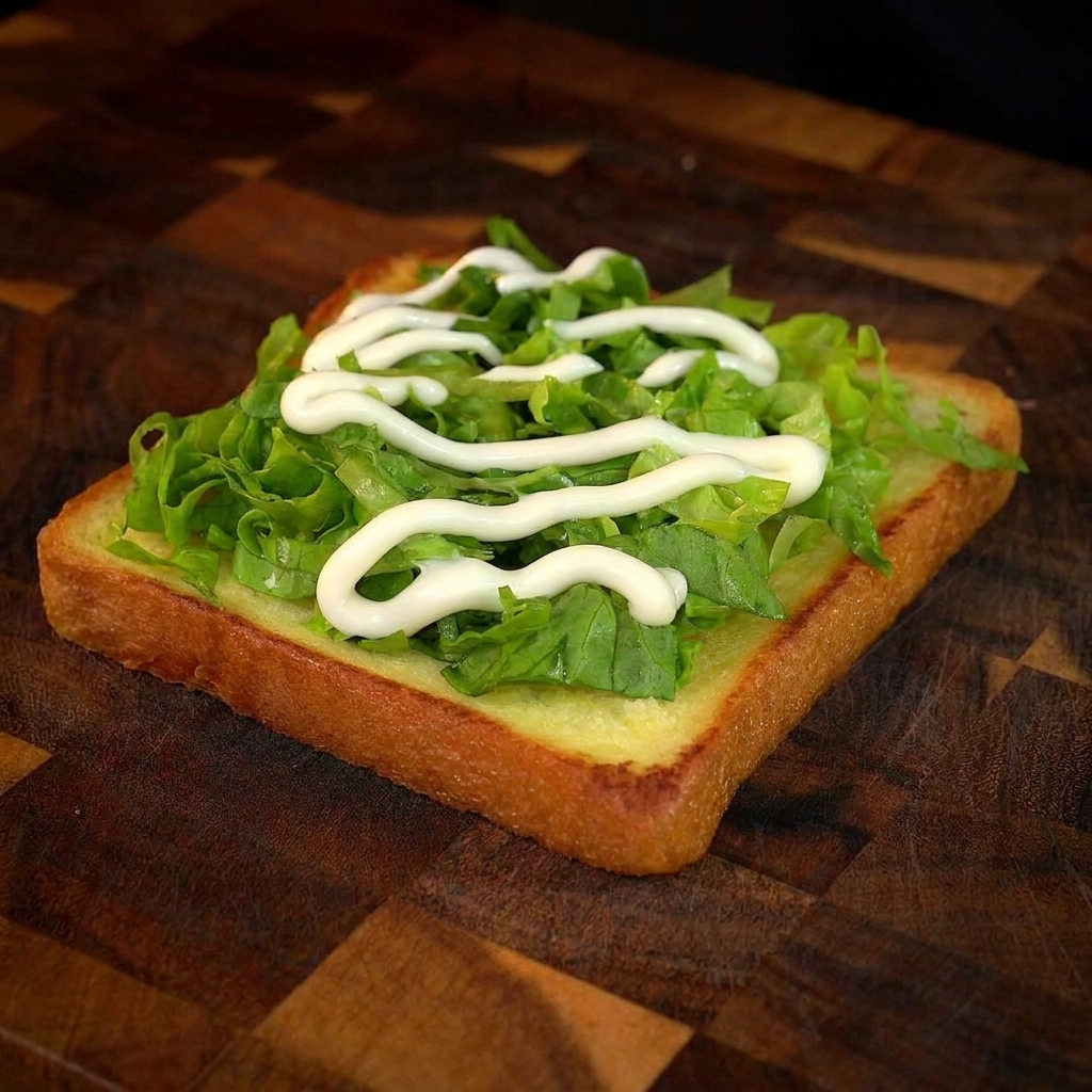 Laitue ciselée sur une tranche de pain doré avec un filet de mayonnaise.